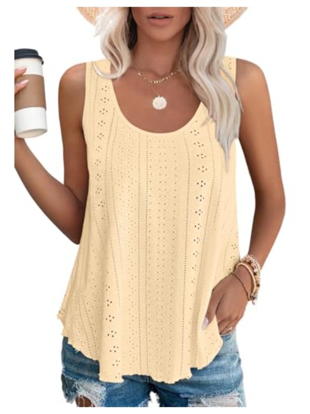 Eyelet Embroidery Scoop Neck Loose Fit Sleeveless Tank Top Summer Shirt
